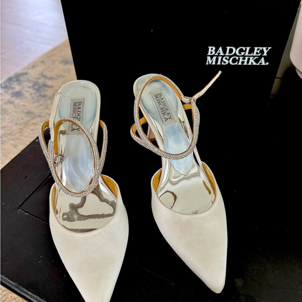 Badgley Mishka Kamilah white satin pumps.